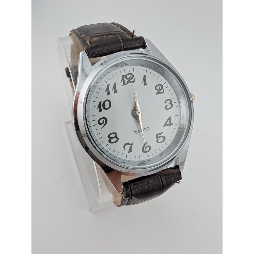 Unisex Quartz Watch Brown Faux Leather Band‎ 35mm Silver Case- New Battery